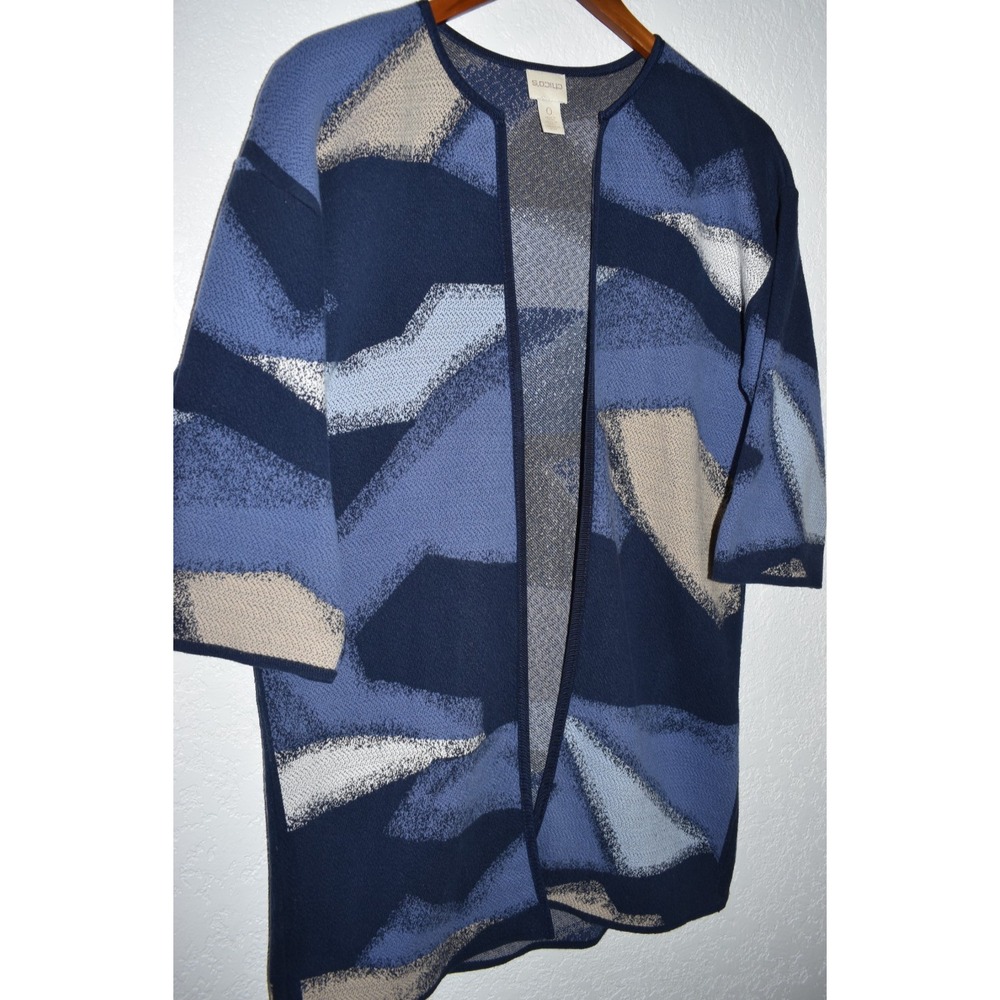Chicos 0/Small Colorblock Cardigan Blue Combo Open Front Long Sweater Artsy Warm